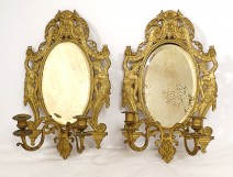 Pair of wall lights 2 lights gilded bronze caryatids masacarons mirror 19th