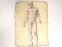 Naked man academy study pencil drawing signed Romieu XIXth century