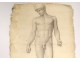 Naked man academy study pencil drawing signed Romieu XIXth century