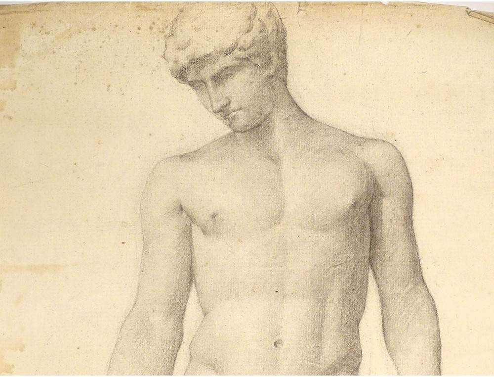 Boîte Ancienne Avec étude De Nu Masculin Du 19ème Siècle - Dessin Académique Beaux-arts Français