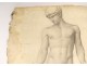 Naked man academy study pencil drawing signed Romieu XIXth century