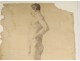 Naked man academy study pencil drawing signed Romieu XIXth century