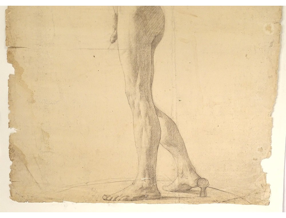 Dessin Académique Au Crayon - Nu Masculin, XIXe Siècle, France - Pièce D'art Ancien