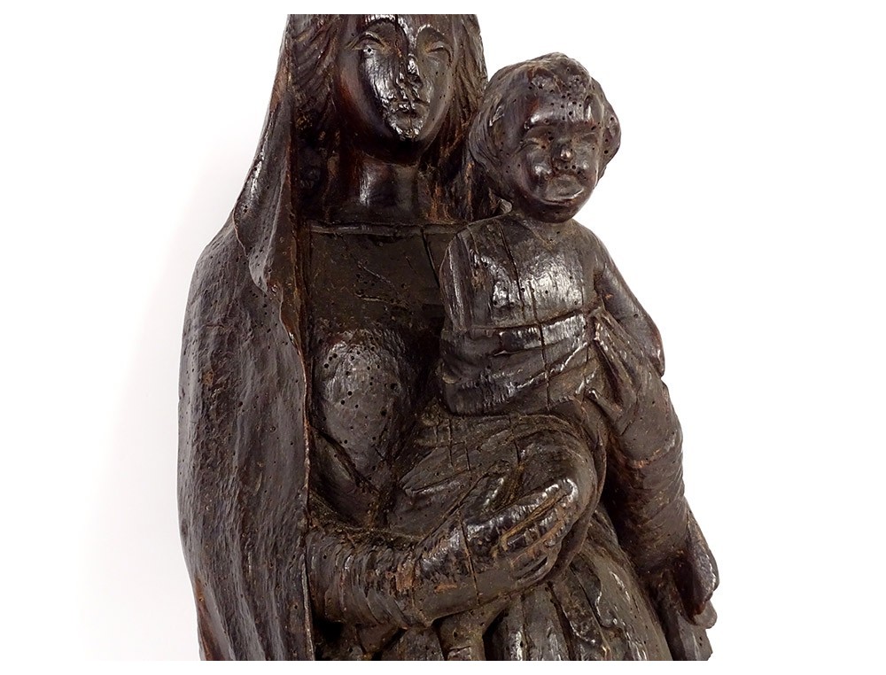 Religious statue Virgin and Child Jesus carved wood XVIIth century