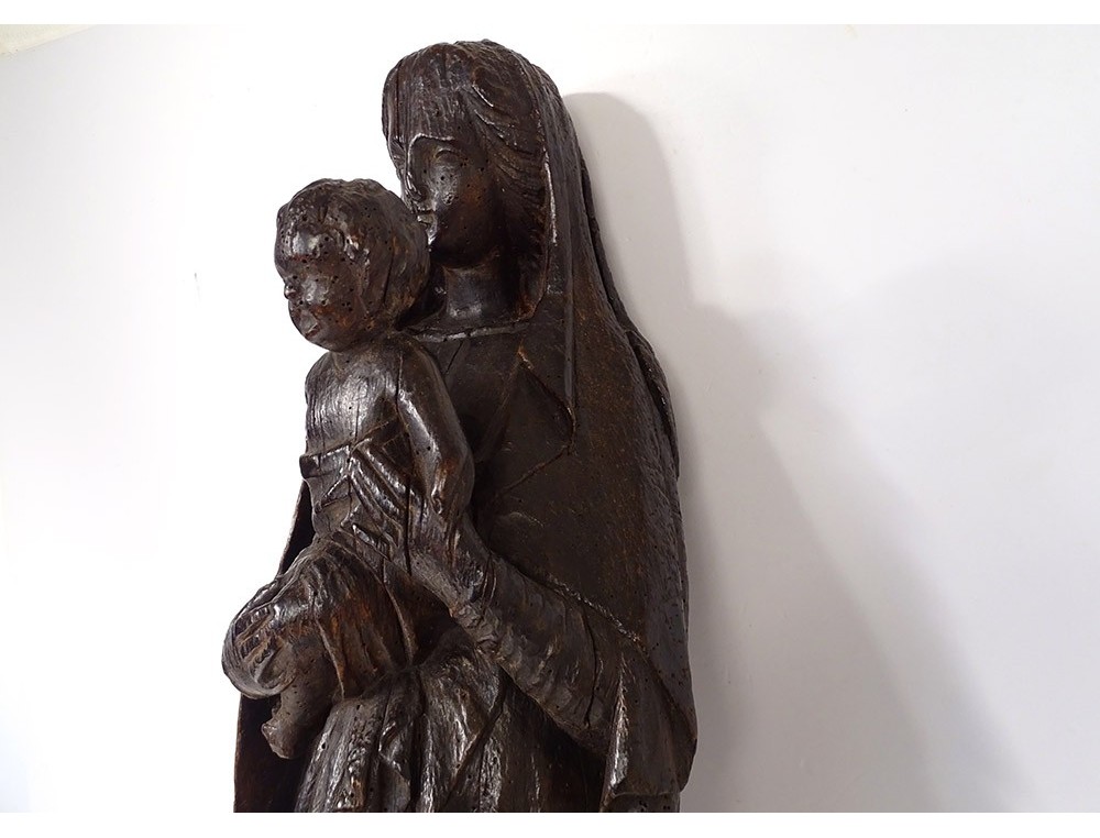 Religious statue Virgin and Child Jesus carved wood XVIIth century