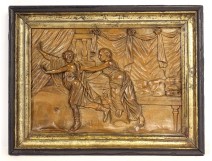 Half round carved panel character fleeing antique woman late eighteenth