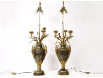 Pair of baluster vases, gilded bronze marble lamps, flowers Napoleon III nineteenth