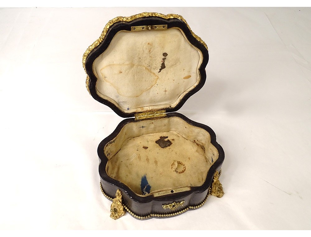 BOITE À THÉ Napoléon III, coffret bois noirci, 4 pieds, déco dorée, boites étain EUR 250,00