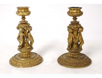 Pair of small gilt bronze candlesticks cherubs Amours Napoleon III XIXth