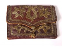 18th century embossed leather purse silver thread flowers