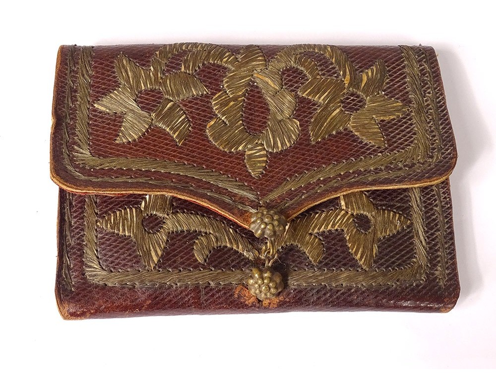Porte-monnaie Cuir XIXe – Fleur Cuivre – 3 Soufflets – Miniature Ancien Femme