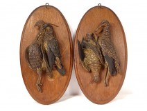 Pair of sculptures of hunting trophies birds woodcock partridge terracotta 19th