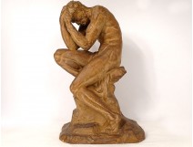Terracotta sculpture naked man athlete at rest O. Merval Art Deco twentieth