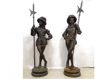 Pair of large park statues cast iron halberdiers Renaissance nineteenth castle