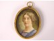 Miniature painted oval portrait woman brass frame 19th century case