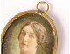 Miniature painted oval portrait woman brass frame 19th century case