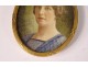 Miniature painted oval portrait woman brass frame 19th century case