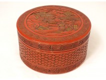 Round box cinnabar Chinese lacquer character landscape pagoda signed nineteenth