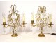 Pair of girandoles 2 lights gilded bronze cut crystal tassels flowers nineteenth