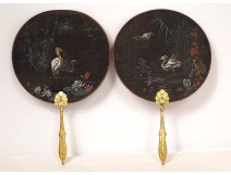 Pair of hand-painted silk screens W. Mussill herons cranes gilded wood XIXth