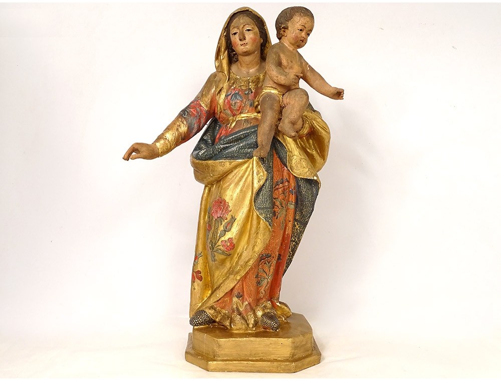 Statue De La Vierge Avec L'Enfant 15 CM En Pâte De Bois De
