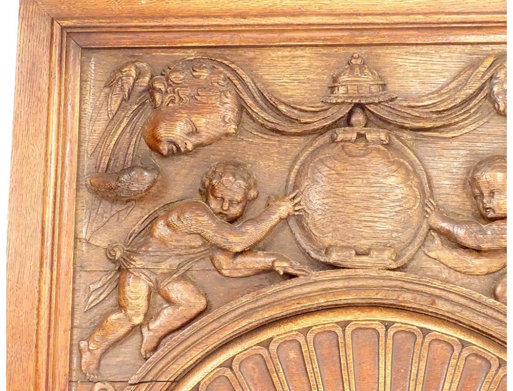 Panneau Décoratif Ange En Bois Sculpté – Cadre Médaillon XIXème, Bleu, Patiné