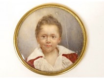 Miniature round portrait young child boy signed nineteenth brass frame