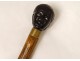 Old cane blackened wood knob carved black man head nineteenth century