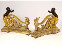 Pair andirons Louis XVI gilt bronze cherubs Children Arabesques XVIIIth