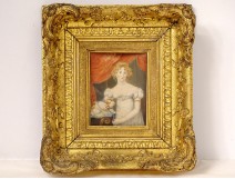 Miniature painting portrait woman dog golden frame Napoleon III nineteenth