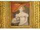 Miniature painting portrait woman dog golden frame Napoleon III nineteenth