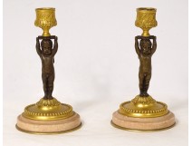 Pair of candlesticks candlesticks bronze marble cherubs Amours Napoleon III nineteenth