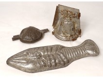 Lot 3 chocolate molds metal oyster cloche lobster late 19th century