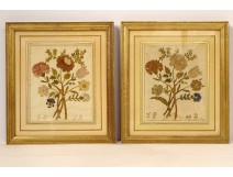 Pair of paintings embroidery silk bouquets of flowers Napoleon III nineteenth century