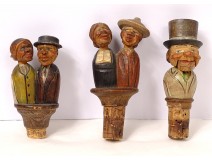 3 bottle stoppers carved wood articulated characters couple twentieth century
