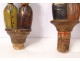 3 bottle stoppers carved wood articulated characters couple twentieth century