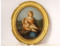 Pastel oval painting Virgin Child Jesus Madonna landscape 19th century Heurtier