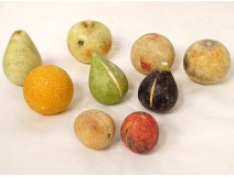 Set of 9 polychrome Carrara marble fruits apple peach fig pear nineteenth