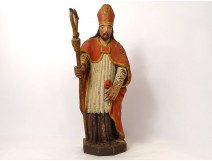 Polychrome carved wood statue of Saint-Eloi 18th century bishop cross