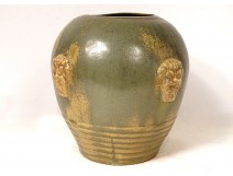 Large polychrome sandstone vase Primavera Louis Lourious mascarons fauns twentieth