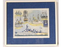 Gouache Albert Brenet boats ship frigate Duguay-Trouin coat of arms twentieth