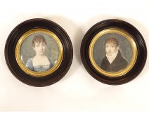 Pair of miniature portraits couple noble aristocrats Hamm Empire XIXth