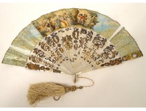 Fan gouache mother of pearl elegant characters landscape Napoleon III nineteenth