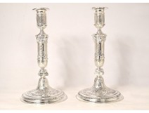 Pair of Louis XIV silvered bronze candlesticks, Berain decor, XIXth century