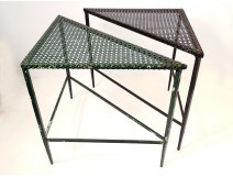 2 triangular coffee tables Mathieu Matégot perforated metal painted twentieth