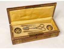 Sewing kit silver vermeillé box gilded leather iron nineteenth century