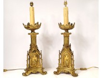 Pair of gilded bronze neo-gothic candle spike lamps Christ the Virgin XIXth