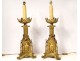 Pair of gilded bronze neo-gothic candle spike lamps Christ the Virgin XIXth