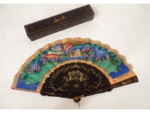 Fan gouache lacquered wood Chinese characters mandarins gardens XIXth