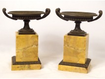 Pair of decorative cassolettes marble Siena bronze Restoration XIXth century